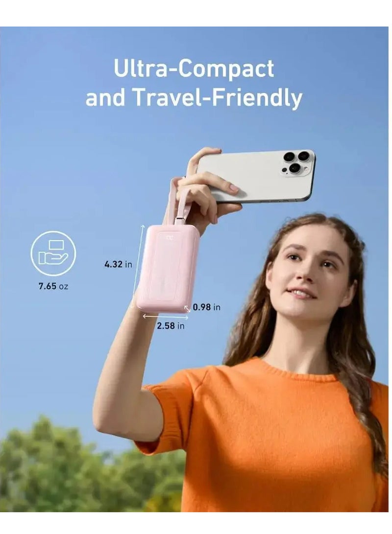 10000 mAh Zolo Power Bank, 30W Max Fast Portable Charger with Built-in USB-C and MFi Certified Lightning Cables, 1 USB-C, 1 USB-A, Battery Pack for iPhone 16/15/14 Series, Galaxy, and more - Pink