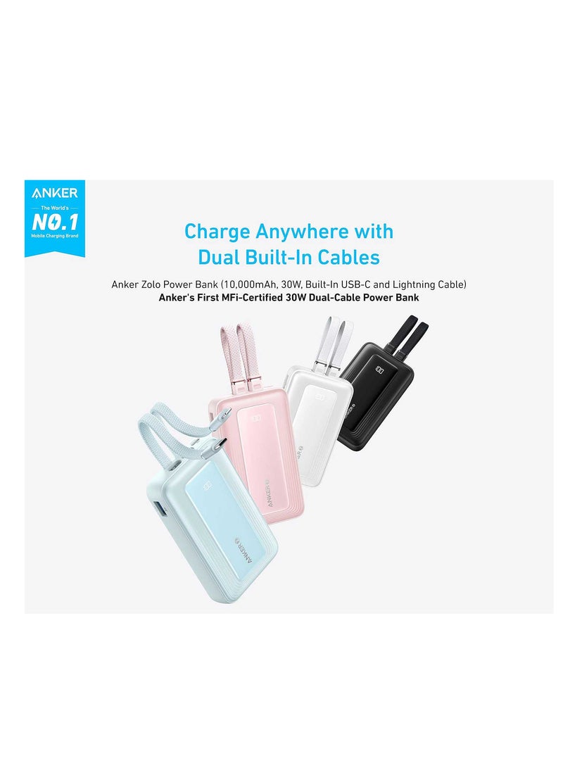 10000 mAh Zolo Power Bank, 30W Max Fast Portable Charger with Built-in USB-C and MFi Certified Lightning Cables, 1 USB-C, 1 USB-A, Battery Pack for iPhone 16/15/14 Series, Galaxy, and more - Pink