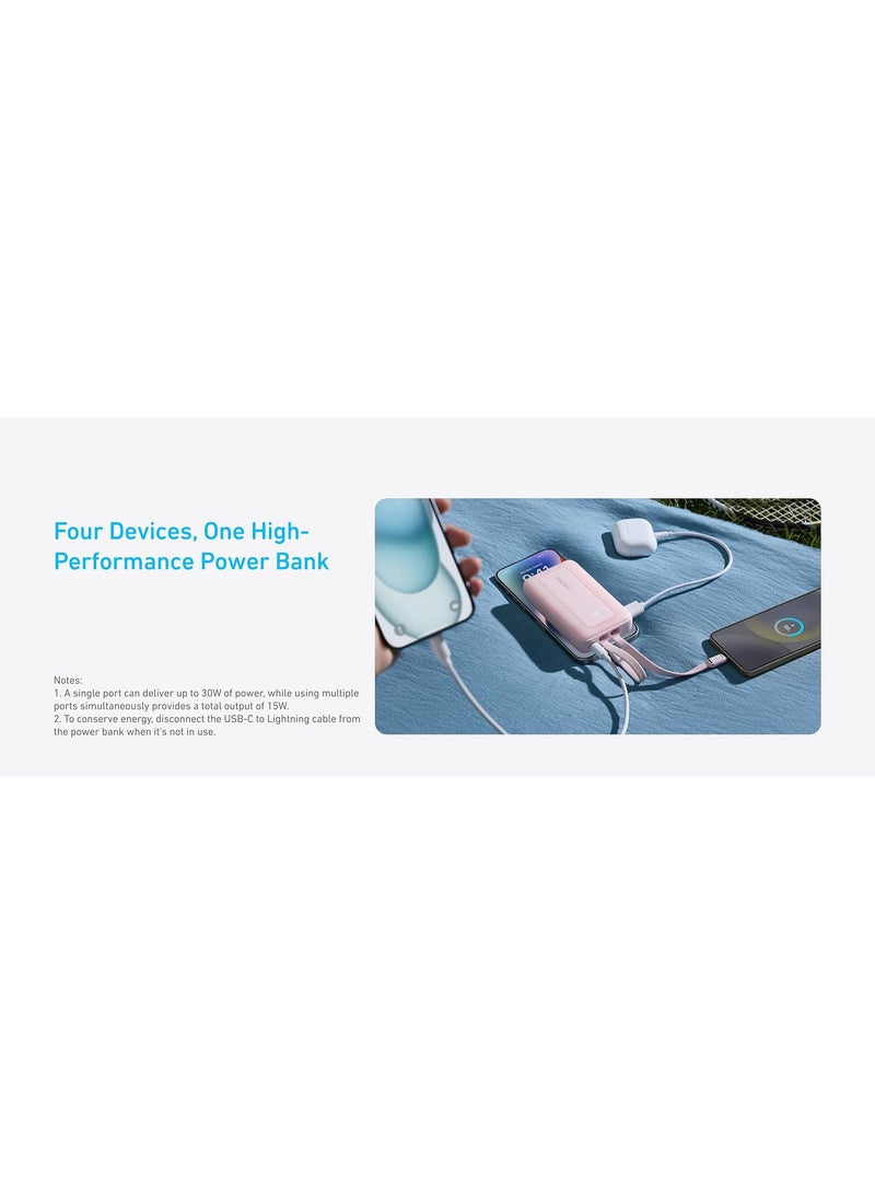 10000 mAh Zolo Power Bank, 30W Max Fast Portable Charger with Built-in USB-C and MFi Certified Lightning Cables, 1 USB-C, 1 USB-A, Battery Pack for iPhone 16/15/14 Series, Galaxy, and more - Pink