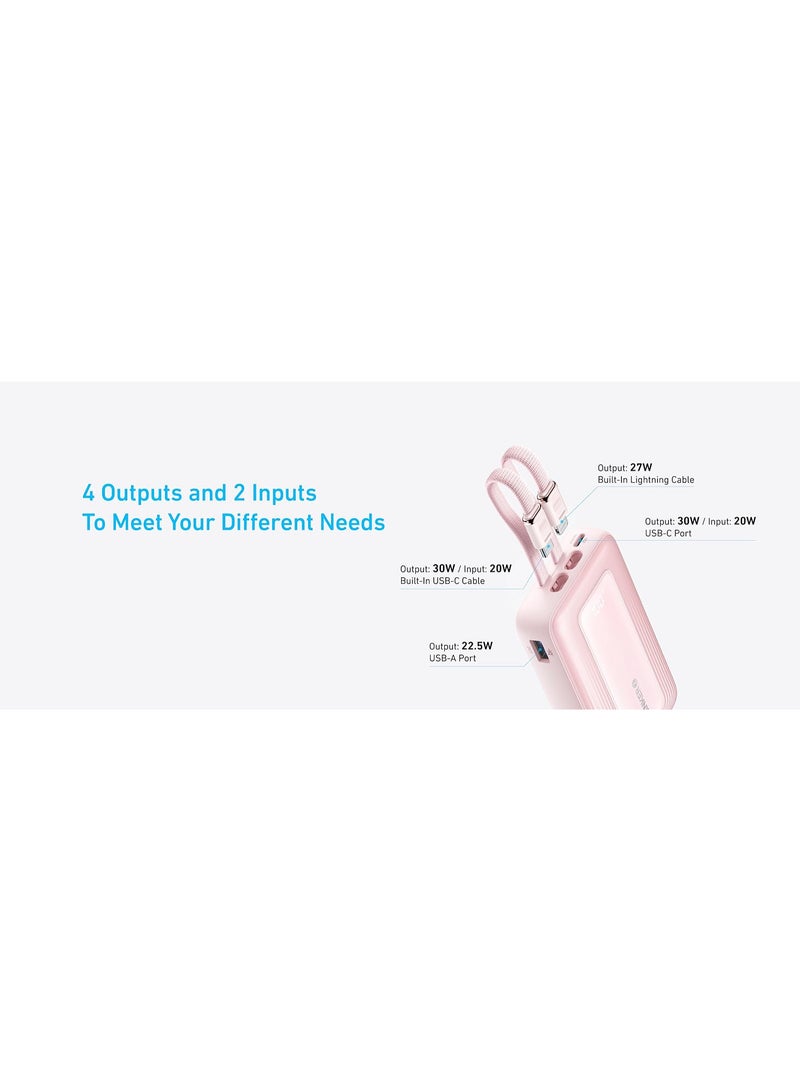 10000 mAh Zolo Power Bank, 30W Max Fast Portable Charger with Built-in USB-C and MFi Certified Lightning Cables, 1 USB-C, 1 USB-A, Battery Pack for iPhone 16/15/14 Series, Galaxy, and more - Pink