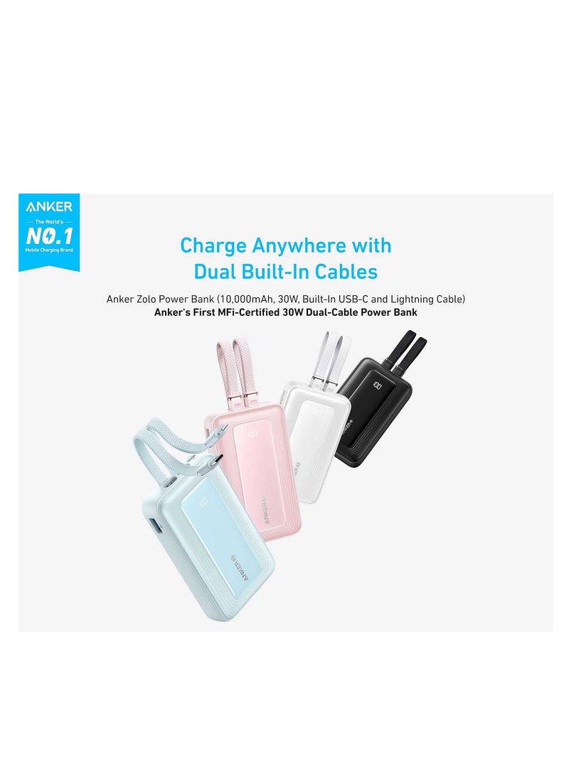 Anker 10000 mAh Zolo Power Bank, 10,000mAh 30W Max Fast Portable Charger with Built-in USB-C and MFi Certified Lightning Cables, 1 USB-C, 1 USB-A, Battery Pack for iPhone 16/15/14 Series, Galaxy, and more - Blue  - Image 5