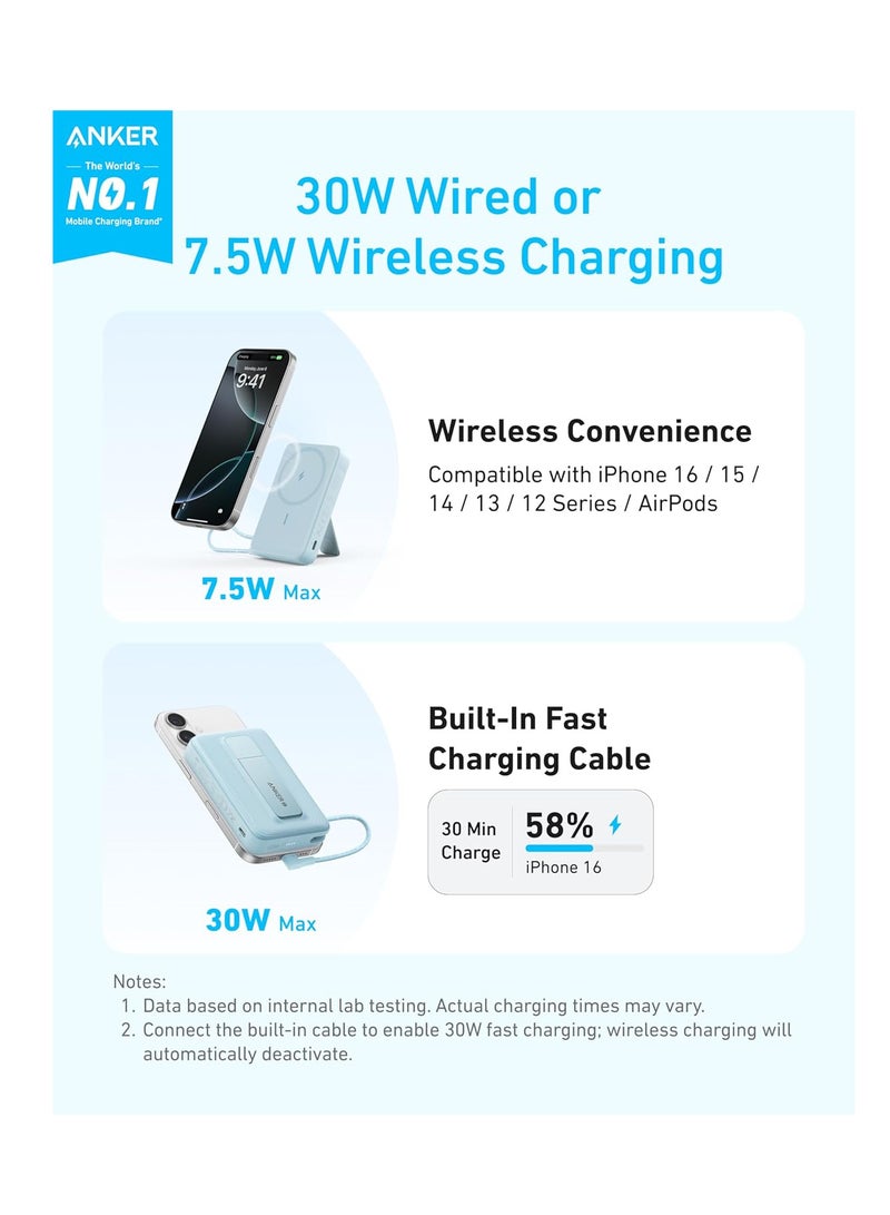 10000 mAh ANKER Zolo Magnetic Power Bank, 10,000mAh Wireless Portable Charger with 30W Max Fast Charging, Battery Pack with Built-in USB-C Cable and Adjustable Stand, for iPhone 16/15 Series, AirPods, and More Blue