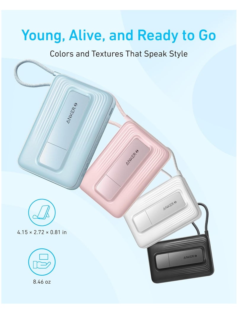 10000 mAh ANKER Zolo Magnetic Power Bank, 10,000mAh Wireless Portable Charger with 30W Max Fast Charging, Battery Pack with Built-in USB-C Cable and Adjustable Stand, for iPhone 16/15 Series, AirPods, and More Blue