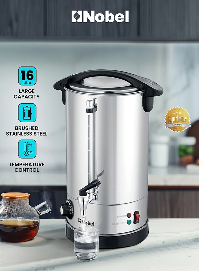 نوبل Nobel Water Boiler 1500W 16L Double Wall Stainless Steel, Safety Lock Lid, Non-Drip Brass Faucet, Keep Warm Function, NWB1600 NWB1600 Stainless Steel - Image 1