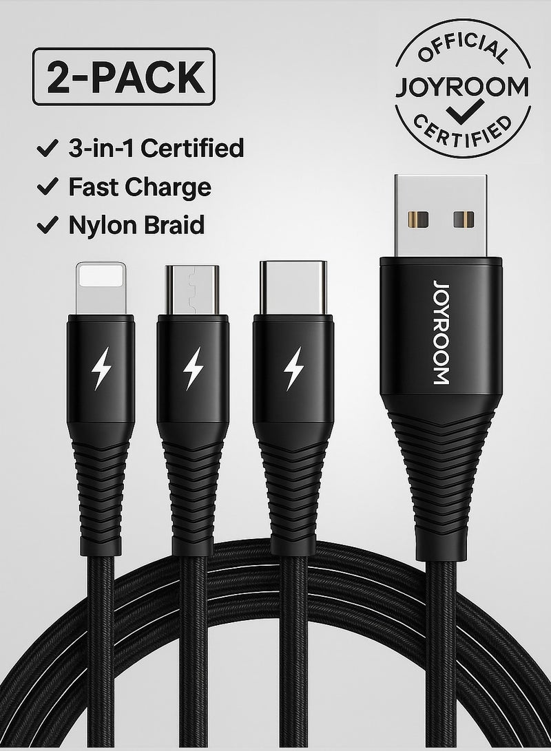 جوي روم كابل شحن سريع 3 في 1 بطول 1.2م - نايلون مضفر USB إلى لايتنينغ، Type-C و Micro USB | كابل شحن متعدد الاستخدامات مع شريحة IC آمنة، سرعة عالية، بناء متين - شحن آمن - Image 1