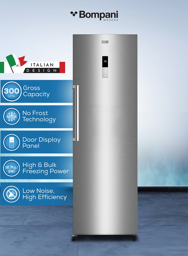 Bompani Single Door Upright Freezer with 300L Gross Capacity, Reversible Door, Electronic Temperature Control, High-Efficiency R600a Refrigerant, 18-Hour Temperature Rise, 4 Drawers, 2 Glass Shelves, 12.7kg/24h Freezing Capacity, Door Display, External Handle, and AEC Energy Efficiency 300 L 304 kW BOCV300N Inox - Image 1