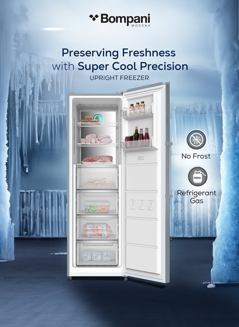 Bompani Single Door Upright Freezer with 300L Gross Capacity, Reversible Door, Electronic Temperature Control, High-Efficiency R600a Refrigerant, 18-Hour Temperature Rise, 4 Drawers, 2 Glass Shelves, 12.7kg/24h Freezing Capacity, Door Display, External Handle, and AEC Energy Efficiency 300 L 304 kW BOCV300N Inox - Image 2