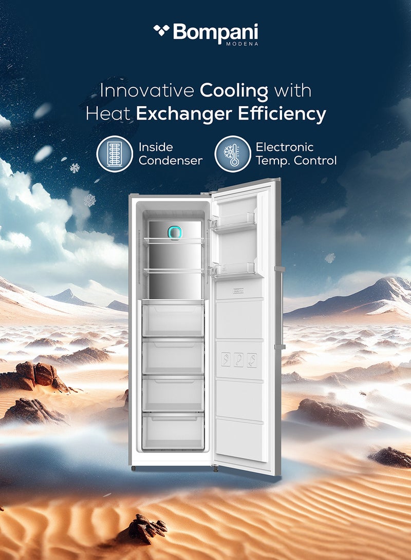 Bompani Single Door Upright Freezer with 300L Gross Capacity, Reversible Door, Electronic Temperature Control, High-Efficiency R600a Refrigerant, 18-Hour Temperature Rise, 4 Drawers, 2 Glass Shelves, 12.7kg/24h Freezing Capacity, Door Display, External Handle, and AEC Energy Efficiency 300 L 304 kW BOCV300N Inox - Image 4