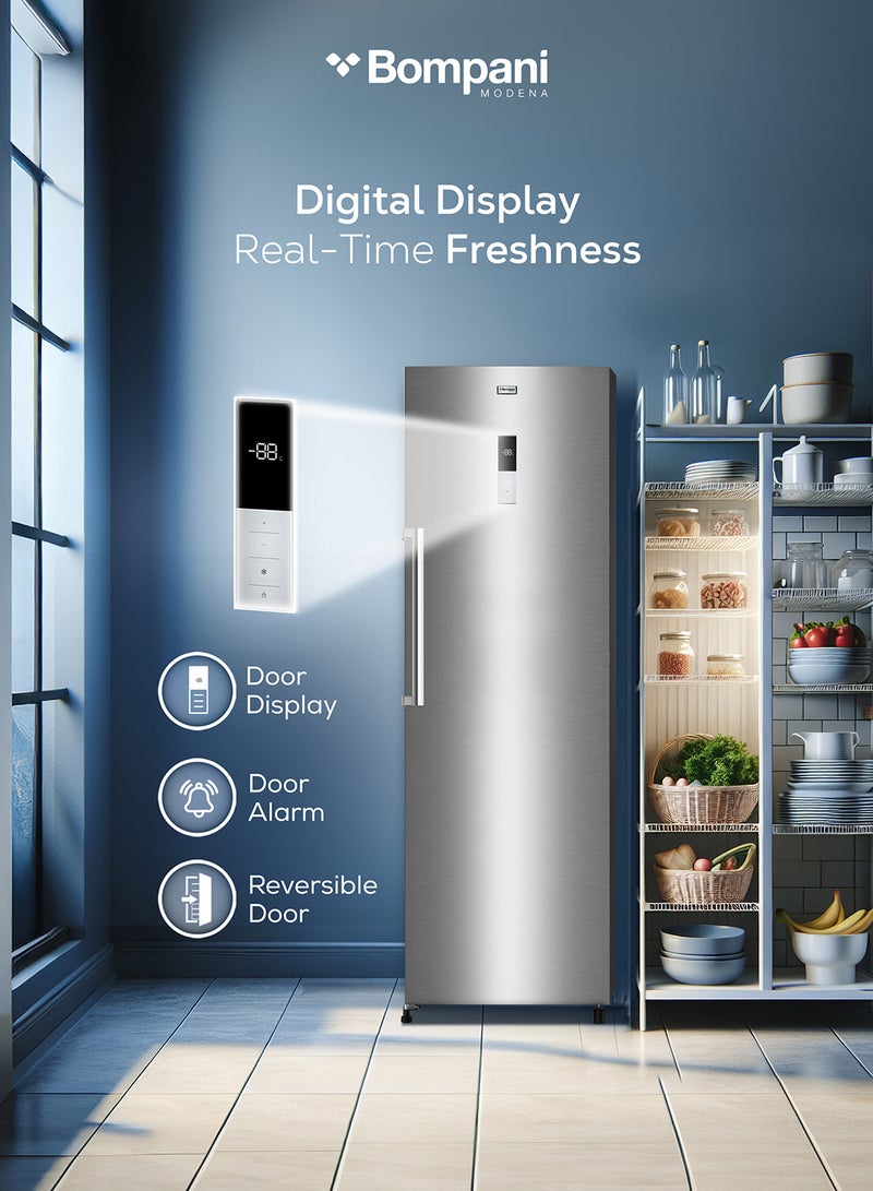 Bompani Single Door Upright Freezer with 300L Gross Capacity, Reversible Door, Electronic Temperature Control, High-Efficiency R600a Refrigerant, 18-Hour Temperature Rise, 4 Drawers, 2 Glass Shelves, 12.7kg/24h Freezing Capacity, Door Display, External Handle, and AEC Energy Efficiency 300 L 304 kW BOCV300N Inox - Image 3