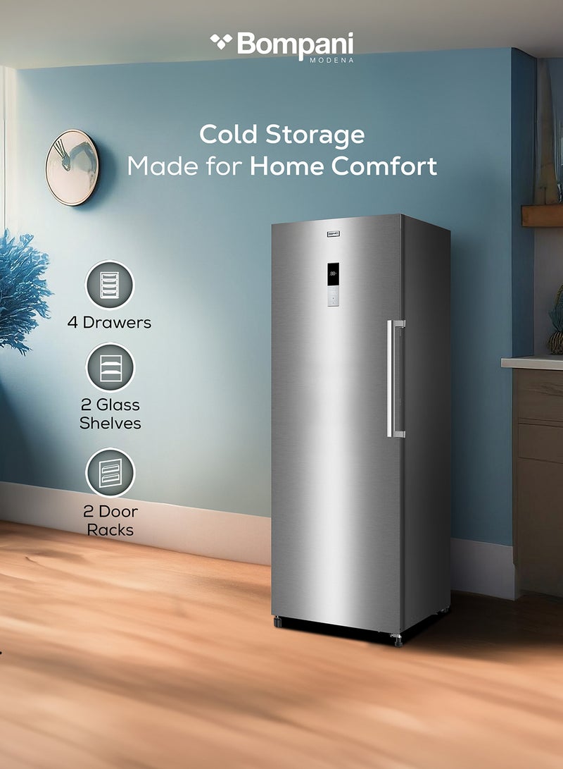 Bompani Single Door Upright Freezer with 300L Gross Capacity, Reversible Door, Electronic Temperature Control, High-Efficiency R600a Refrigerant, 18-Hour Temperature Rise, 4 Drawers, 2 Glass Shelves, 12.7kg/24h Freezing Capacity, Door Display, External Handle, and AEC Energy Efficiency 300 L 304 kW BOCV300N Inox - Image 5