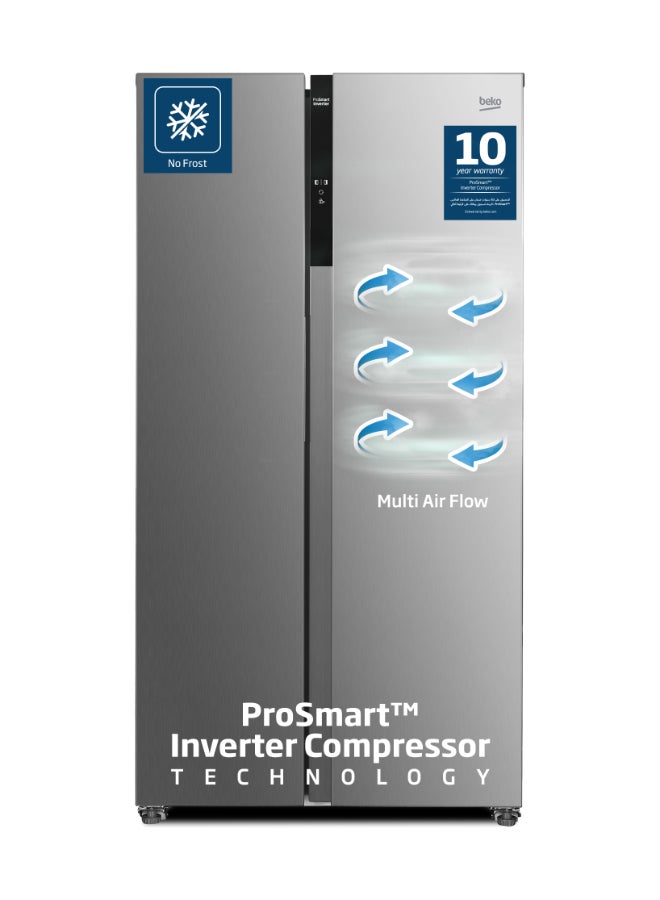 بيكو ثلاجة سعة 564 لتر إجمالي (521 صافي)، جنبًا إلى جنب، بدون صقيع، ضوضاء منخفضة، ضمان 10 سنوات على ضاغط برو سمارت العاكس - - Image 1