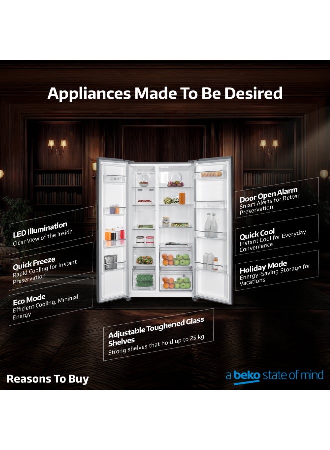 بيكو ثلاجة سعة 564 لتر إجمالي (521 صافي)، جنبًا إلى جنب، بدون صقيع، ضوضاء منخفضة، ضمان 10 سنوات على ضاغط برو سمارت العاكس - - Image 5