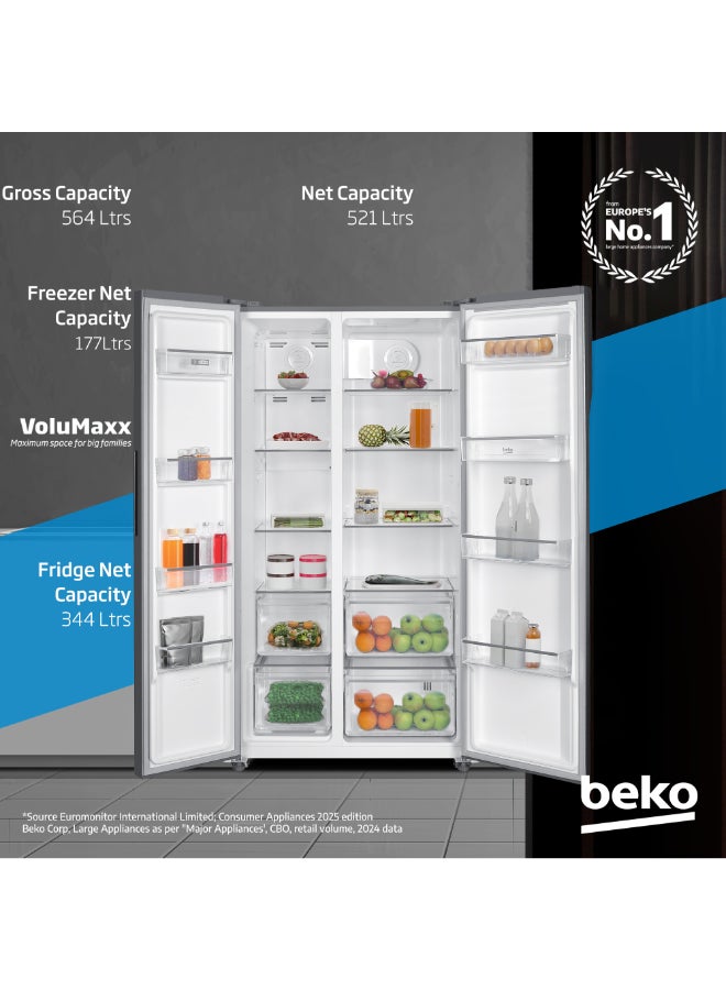 بيكو ثلاجة سعة 564 لتر إجمالي (521 صافي)، جنبًا إلى جنب، بدون صقيع، ضوضاء منخفضة، ضمان 10 سنوات على ضاغط برو سمارت العاكس - - Image 2