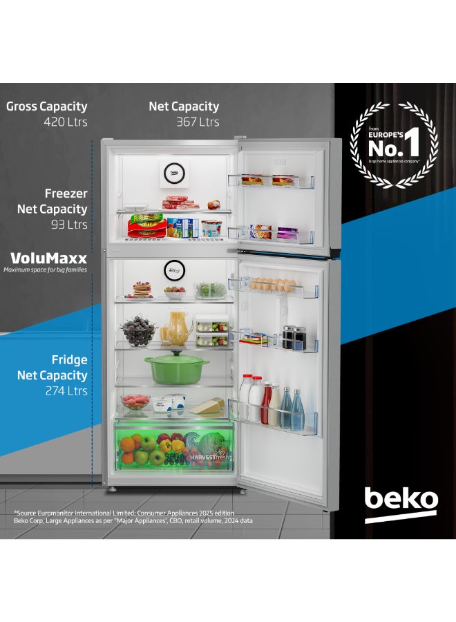 بيكو ثلاجة سعة 420 لتر إجمالي (367 صافي)، بابين، تركيب علوي، بدون صقيع، تقنية الحصاد الطازج، تبريد مزدوج نيفو فروس، ضوضاء منخفضة، غرفة تبريد، ضمان 10 سنوات على ضاغط العاكس برو سمارت - - Image 3