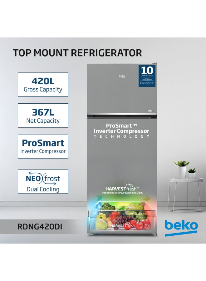 بيكو ثلاجة سعة 420 لتر إجمالي (367 صافي)، بابين، تركيب علوي، بدون صقيع، تقنية الحصاد الطازج، تبريد مزدوج نيفو فروس، ضوضاء منخفضة، غرفة تبريد، ضمان 10 سنوات على ضاغط العاكس برو سمارت - - Image 1
