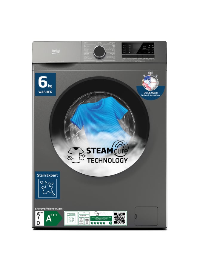 بيكو غسالة ملابس أمامية 6 كجم، 1000 دورة في الدقيقة، 15 برنامج، ضوضاء منخفضة، غسيل سريع 14 دقيقة، غسيل بالبخار، شاشة رقمية، وظيفة تنظيف الأسطوانة - - Image 1