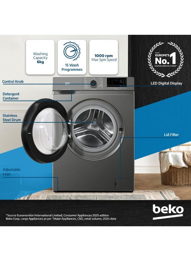 بيكو غسالة ملابس أمامية 6 كجم، 1000 دورة في الدقيقة، 15 برنامج، ضوضاء منخفضة، غسيل سريع 14 دقيقة، غسيل بالبخار، شاشة رقمية، وظيفة تنظيف الأسطوانة - - Image 2