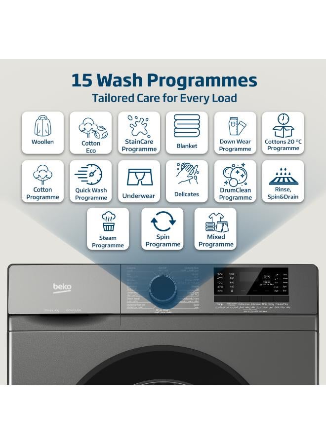 بيكو غسالة ملابس أمامية 6 كجم، 1000 دورة في الدقيقة، 15 برنامج، ضوضاء منخفضة، غسيل سريع 14 دقيقة، غسيل بالبخار، شاشة رقمية، وظيفة تنظيف الأسطوانة - - Image 3