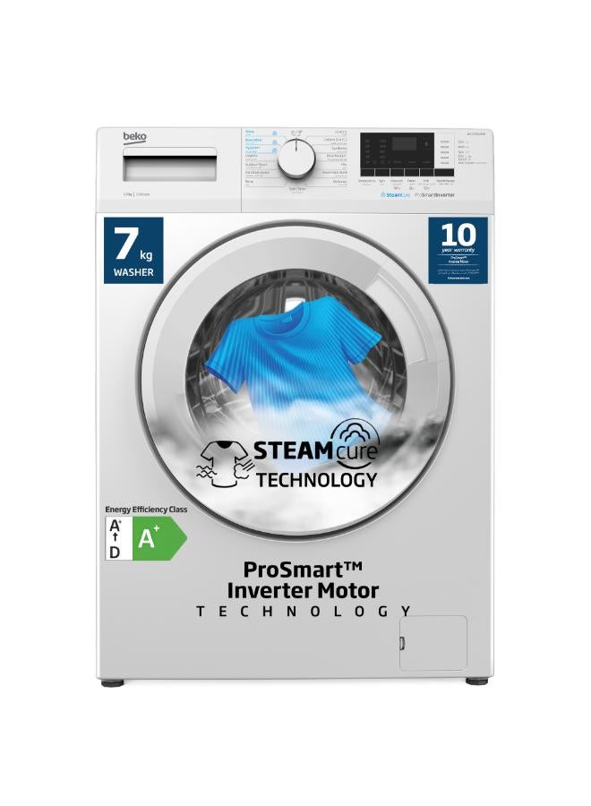 بيكو غسالة ملابس أمامية 7 كجم، 1200 دورة في الدقيقة، 15 برنامج، ضوضاء منخفضة، غسيل سريع 14/28 دقيقة، غسيل بخاري، شاشة رقمية، وظيفة تنظيف الأسطوانة، ضمان 10 سنوات على محرك بروسمارت العاكس - - Image 1