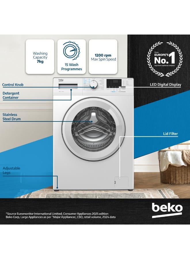 بيكو غسالة ملابس أمامية 7 كجم، 1200 دورة في الدقيقة، 15 برنامج، ضوضاء منخفضة، غسيل سريع 14/28 دقيقة، غسيل بخاري، شاشة رقمية، وظيفة تنظيف الأسطوانة، ضمان 10 سنوات على محرك بروسمارت العاكس - - Image 2