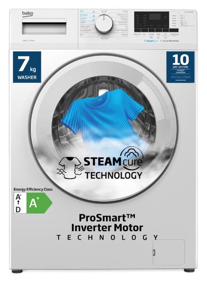 بيكو غسالة ملابس أمامية 7 كجم، 1200 دورة في الدقيقة، 15 برنامج، ضوضاء منخفضة، غسيل سريع 14/28 دقيقة، غسيل بخاري، شاشة رقمية، وظيفة تنظيف الأسطوانة، ضمان 10 سنوات على محرك بروسمارت العاكس - - Image 1