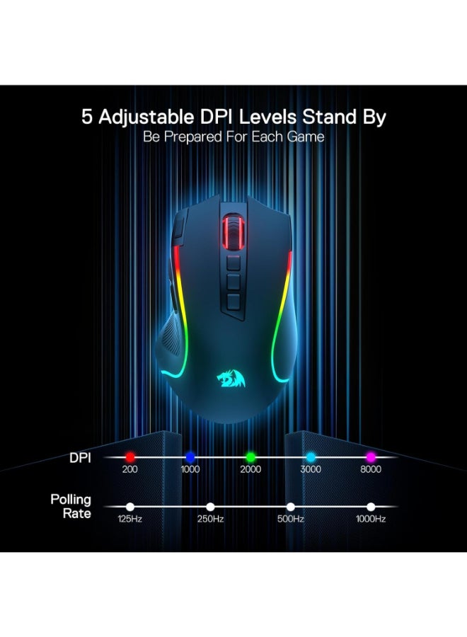 REDRAGON M612 PRO RGB Gaming Mouse, 8000 DPI Wired/Wireless Optical Gamer Mouse with 9 Programmable Buttons & 7 Backlit Modes, BT & 2.4G Wireless, Software Supports DIY Keybinds Rapid Fire Button - Image 5