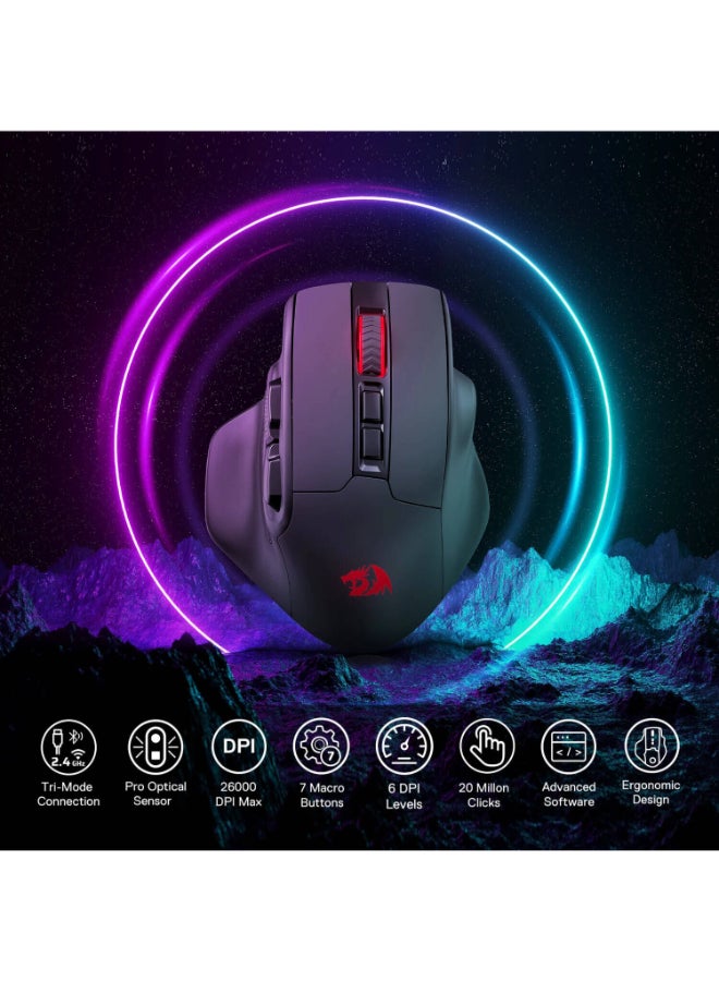 Redragon Bullseye M806 PRO Gaming Mouse, Up to 26000 Dpi, PAW3395 Sensor, 7 Programmable Buttons, 3-Mode Connection, 5 Decent Backlit Modes, Black | M806RGB-PRO - Image 4