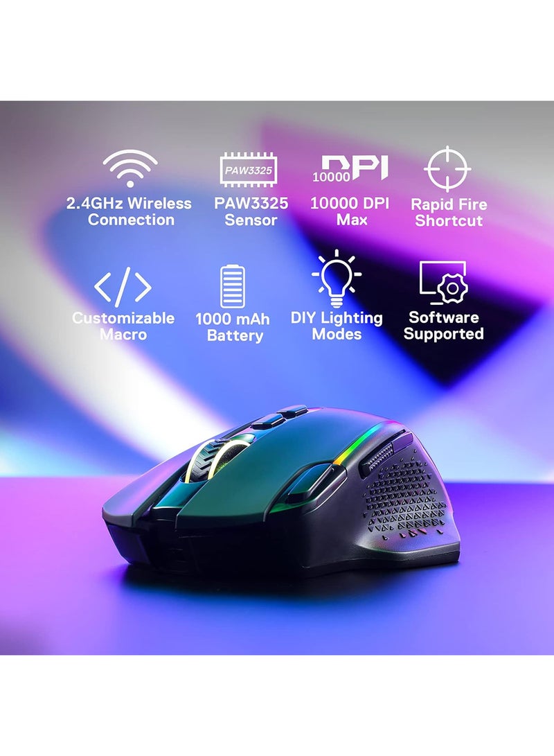 Redragon M810 Pro Wireless Gaming Mouse, 10000 DPI, Rapid Fire Key, 8 Macro Buttons, 1000Hz Polling Rate, 45-Hour Durable Power Capacity, RGB Backlit, Black | M810RGB-PRO - Image 3