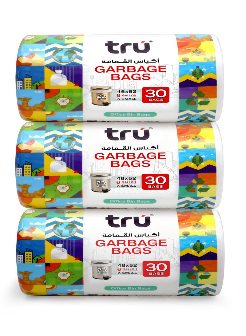 Tru Garbage Bags Compact Roll White 6Gallon (30pc x 3Rolls) 90bags - White 46x52cm  - Image 1