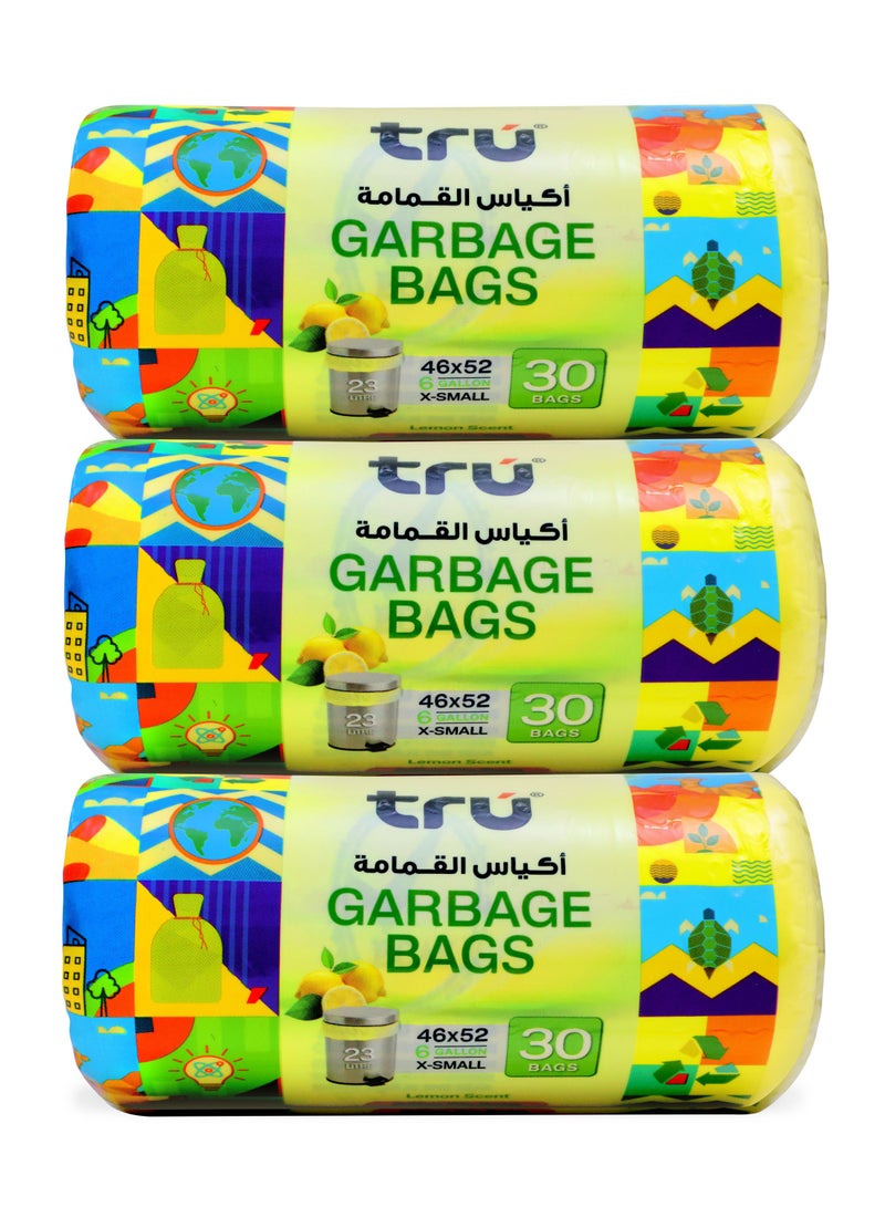 ترو Lemon Scented Garbage Bags Compact Roll 6 Gallon ( 30pc x 3 Rolls ) 90 bags - Yellow 46x52cm  - Image 1
