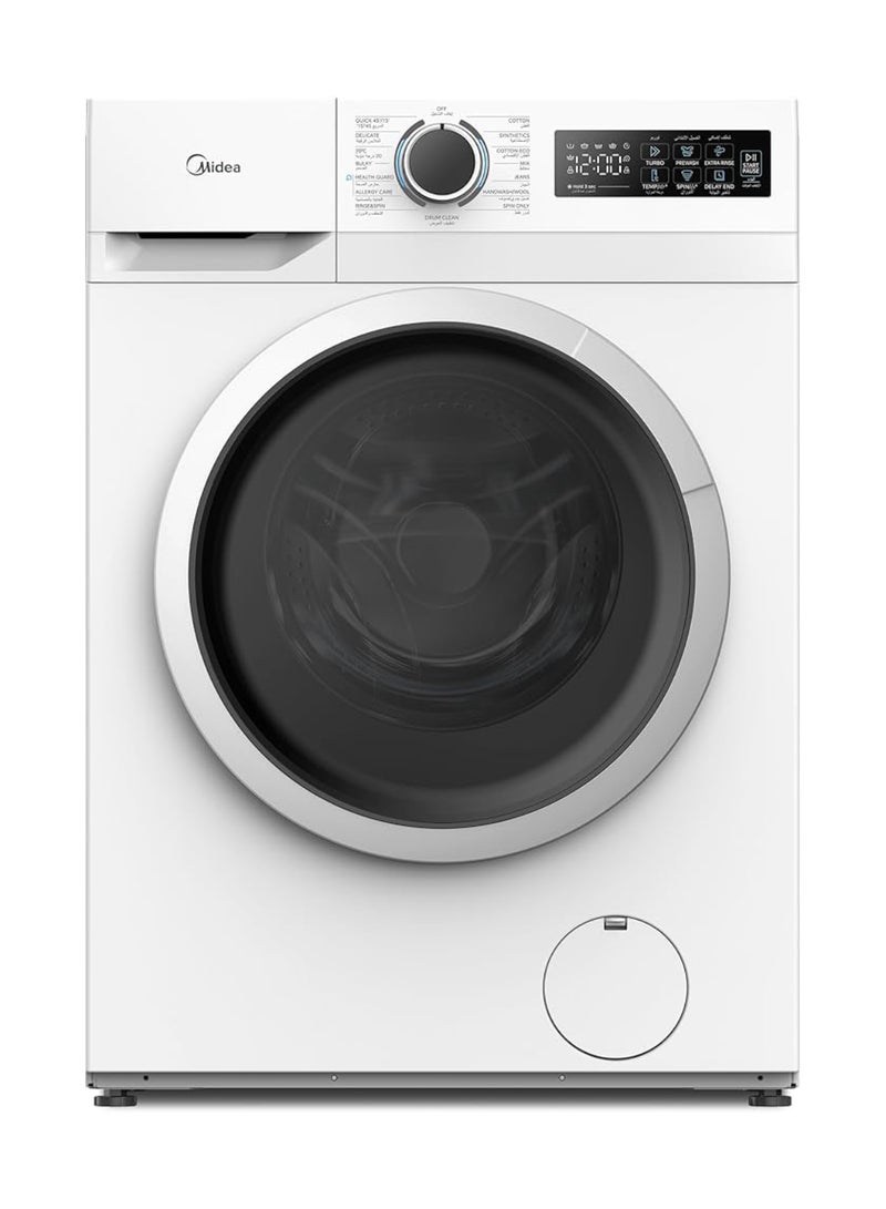 مديا 8KG Front Load Washing Machine With BLDC Inverter Motor, 1400 RPM, 15 Programs, Fully Automatic Washer With Lunar Dial, Integrated Digital Control-LED Display, Water Cube Drum 8 kg MF110W80B/W-GCC White  - Image 1