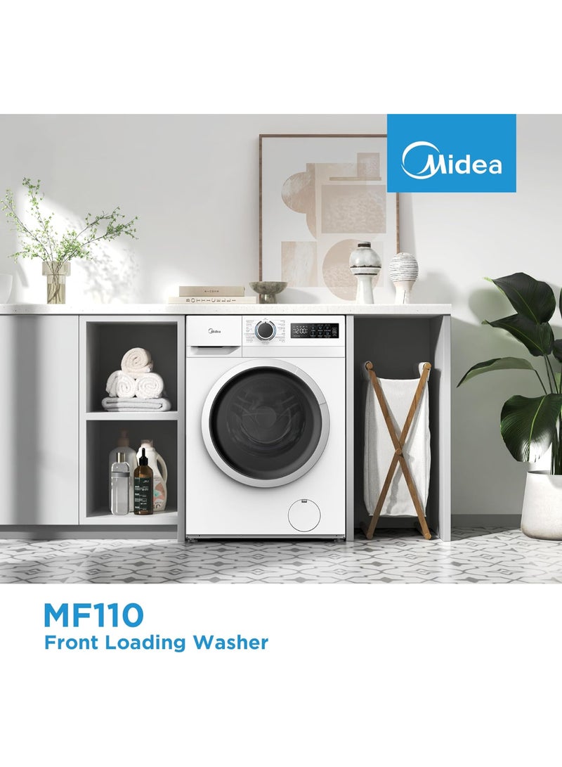 مديا 8KG Front Load Washing Machine With BLDC Inverter Motor, 1400 RPM, 15 Programs, Fully Automatic Washer With Lunar Dial, Integrated Digital Control-LED Display, Water Cube Drum 8 kg MF110W80B/W-GCC White  - Image 3