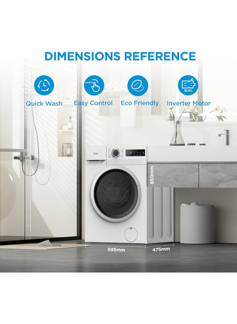 مديا 8KG Front Load Washing Machine With BLDC Inverter Motor, 1400 RPM, 15 Programs, Fully Automatic Washer With Lunar Dial, Integrated Digital Control-LED Display, Water Cube Drum 8 kg MF110W80B/W-GCC White  - Image 2