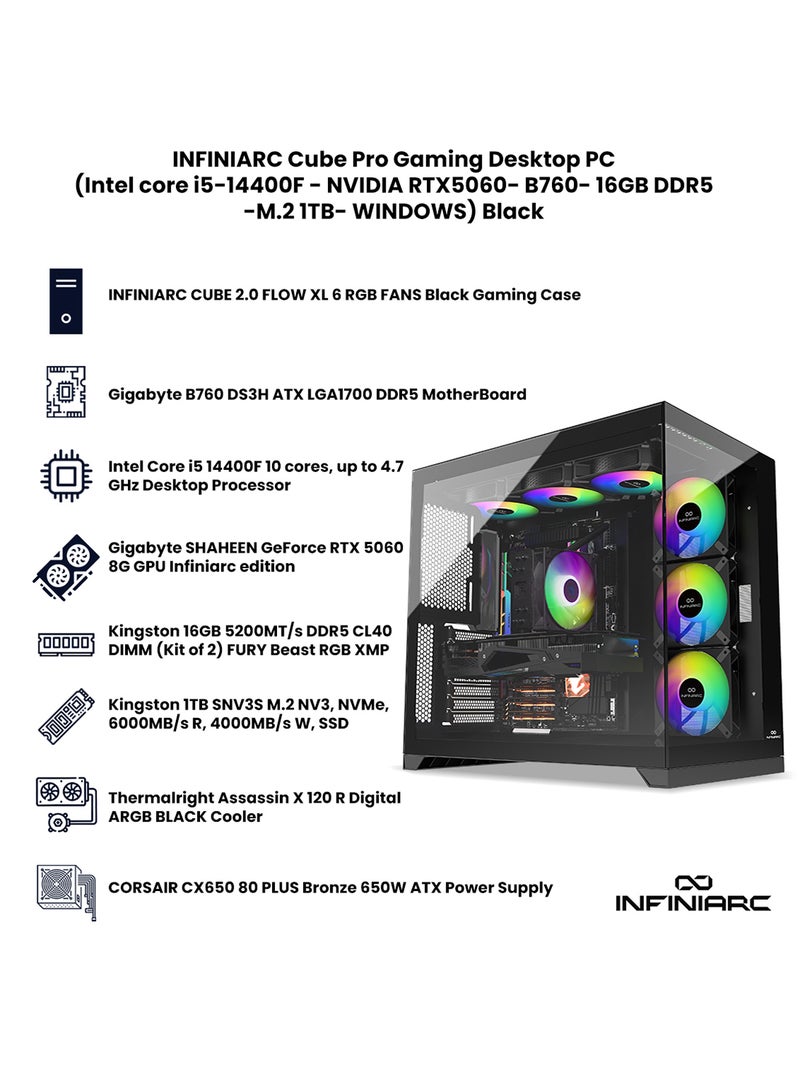 INFINIARC Cube Pro Gaming Desktop PC With Intel Core i5-14400F Processor/16GB RAM DDR5/1TB SSD/8GB Nvidia GeForce RTX 5060 Graphics/Windows 11 Pro/ Black - Image 3