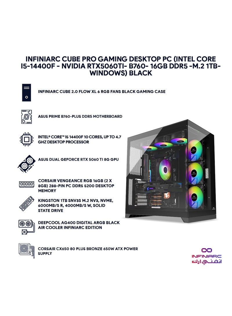 Cube Pro Gaming PC With Intel Core i5-14400F Processor/16GB DDR5 RAM/1TB SSD/8GB Nvidia GeForce  RTX 5060 Graphics/ Black