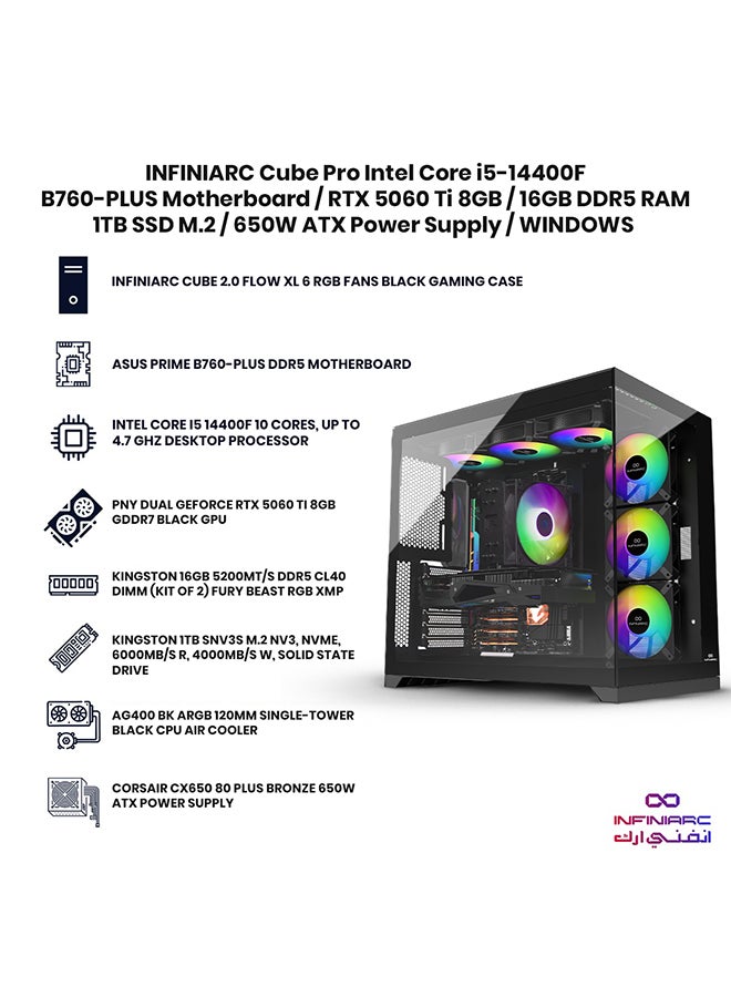 INFINIARC Cube Pro Gaming PC With Intel Core i5-14400F Processor/16GB DDR5 RAM/1TB SSD/8GB Nvidia GeForce  RTX 5060 Ti Graphics/Windows 11 Pro/ Black - Image 3