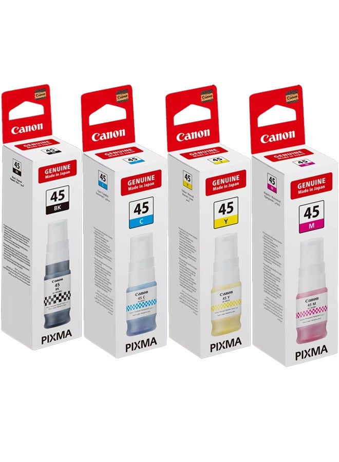 كانون عبوة حبر أصلية من كانون GI-45 مجموعة كاملة GI-45BK (أسود)، GI-45C (سماوي)، GI-45M (أرجواني)، و GI-45Y (أصفر) للاستخدام مع طابعات كانون MAXIFY GX1040 و GX2040. - Image 1