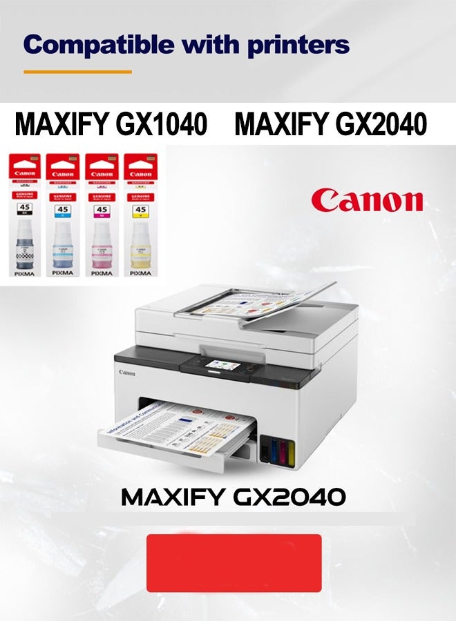 كانون عبوة حبر أصلية من كانون GI-45 مجموعة كاملة GI-45BK (أسود)، GI-45C (سماوي)، GI-45M (أرجواني)، و GI-45Y (أصفر) للاستخدام مع طابعات كانون MAXIFY GX1040 و GX2040. - Image 2