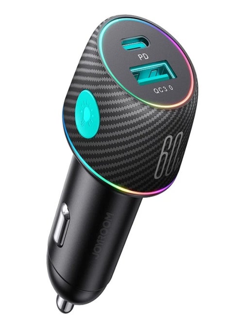 JR-CCN01 60W Dual Port USB-C + USB-A Multi-Color Car Charger With Light Button Local Warranty From Trust Agent - Black