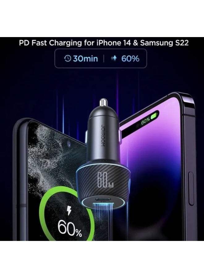 JR-CCN01 60W Dual Port USB-C + USB-A Multi-Color Car Charger With Light Button Local Warranty From Trust Agent - Black