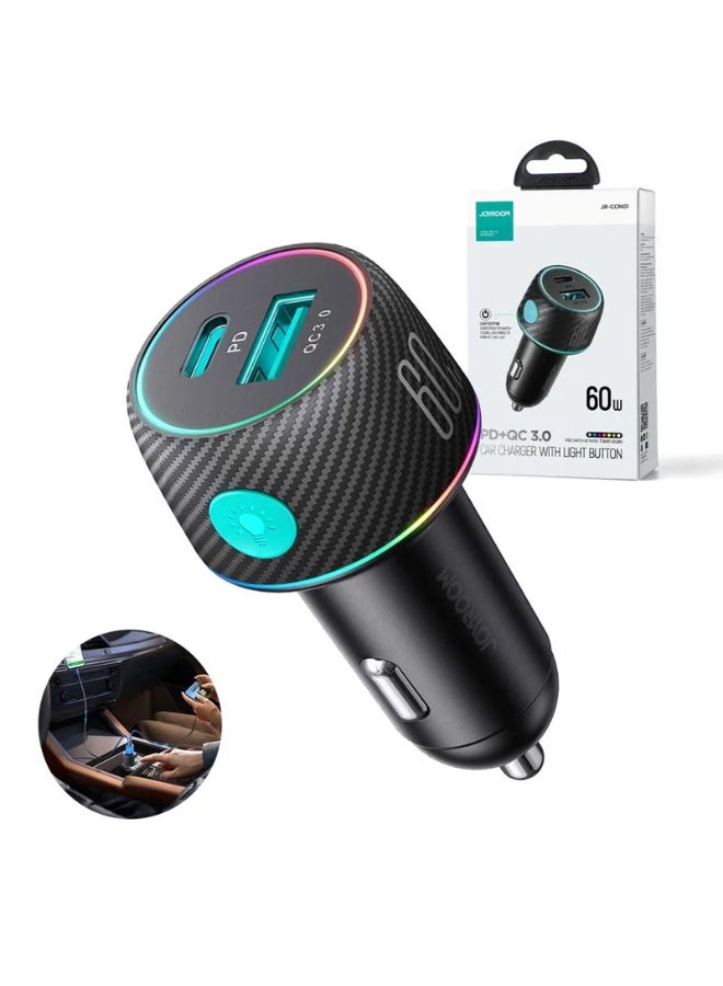 JR-CCN01 60W Dual Port USB-C + USB-A Multi-Color Car Charger With Light Button Local Warranty From Trust Agent - Black