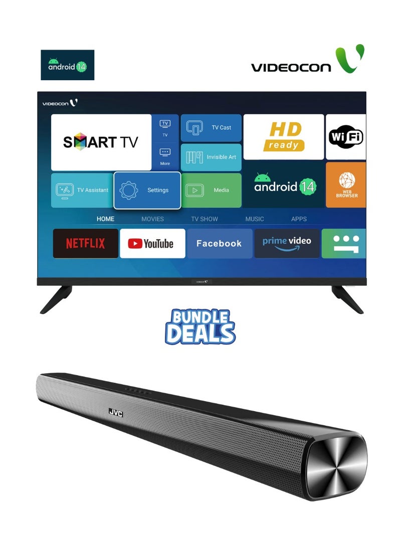VIDEOCON 32 Inch Edgeless Android 14 HD Ready Smart Tv with 2.0Ch Soundbar Combo- E32EL1100+Soundbar E32EL1100+ Soundbar Black  - Image 1