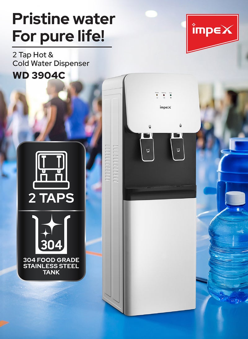 Impex 2-Tap Water Dispenser with Hot & Cold Water | Compressor Cooling | 304 Stainless Steel Tank | 2.0L Cooling & 1.0L Heating Capacity | 550W Heating & 100W Cooling Power | Floor-Standing Design | WD 3904C WD 3904C White &Black - Image 2