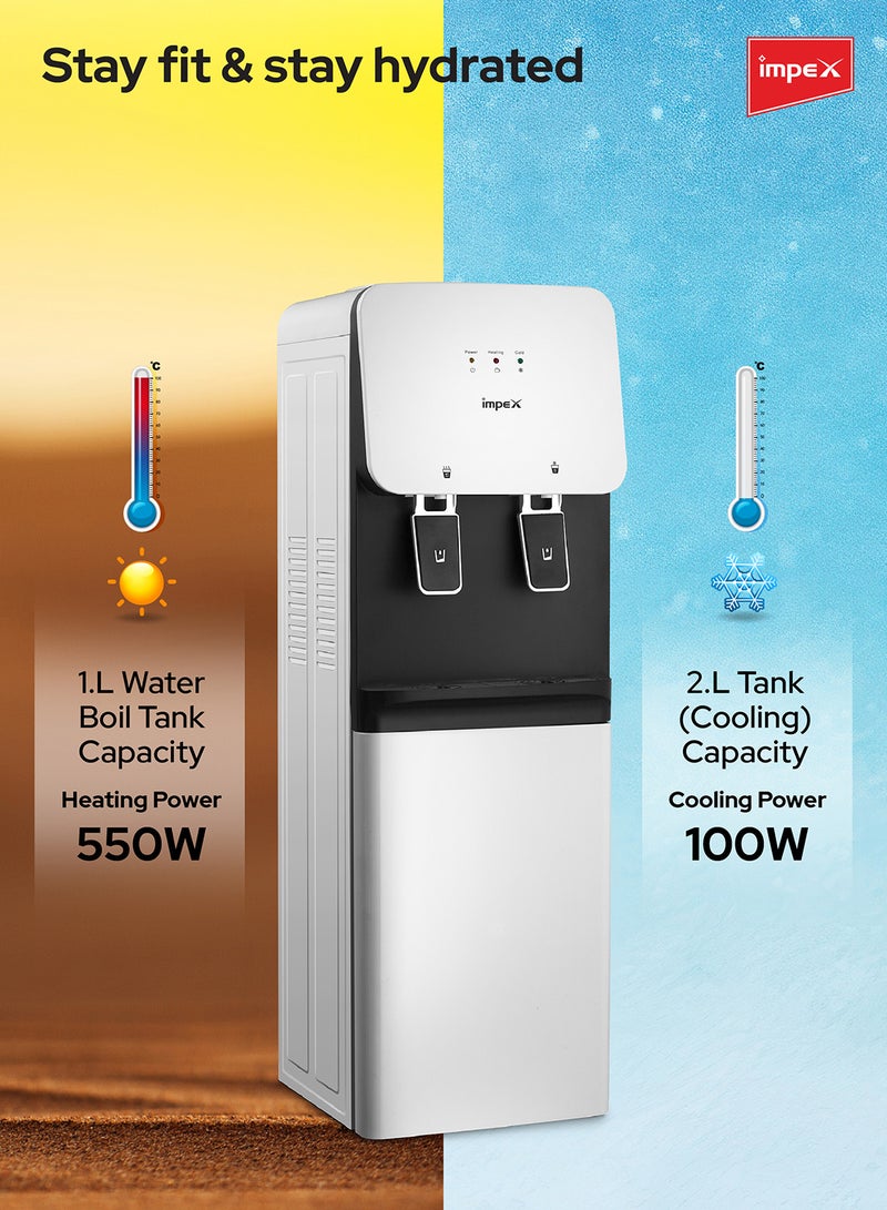Impex 2-Tap Water Dispenser with Hot & Cold Water | Compressor Cooling | 304 Stainless Steel Tank | 2.0L Cooling & 1.0L Heating Capacity | 550W Heating & 100W Cooling Power | Floor-Standing Design | WD 3904C WD 3904C White &Black - Image 5