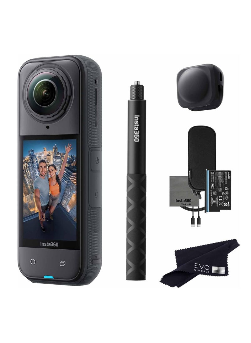 انستا 360 X5 Starter Bundle | X5 Camera + Extra Battery + 114cm Invisible Sefie Stick + Lens Cap + Pouch, 15m Waterproof 8K 360 Action Camera, Low Light Capture - Black  - Image 1