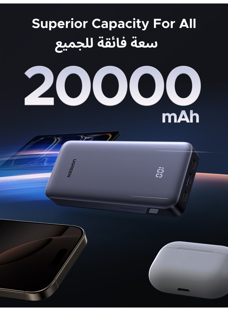 يو جرين باوربانك 20000mAh اثنين تايب سي و يواس بي واحد ، بطارية 30 وات، شاحن محمول سريع الشحن، شهادة آمنة، شاشة LED، حجم محمول، متوافق مع آيباد وآيفون 16 وجالاكسي اس25 واس24 التار وسماعات ايربودز 20000 mAh  - Image 2