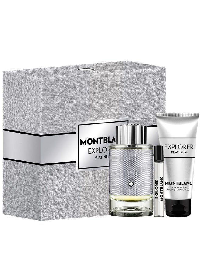 مون بلان مجموعة إكسبلورر بلاتينيوم للرجال عطر 100 مل + عطر 7.5 مل + جل استحمام شامل 100 مل
