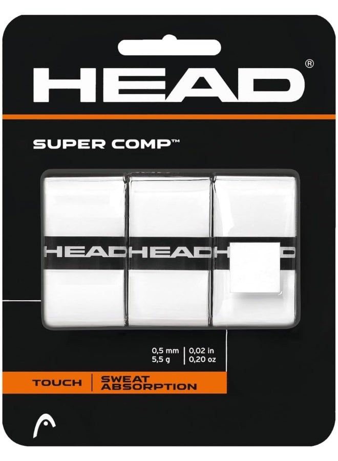 HEAD Super Comp Racquet Overgrip - Tennis Racket Grip Tape - 3-Pack, White 