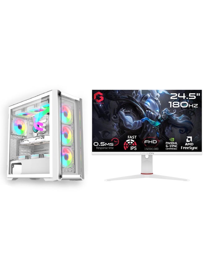 GAMEON Gaming PC With Intel Core i5-12400F Processor/16GB RAM DDR5/1TB SSD/Nvidia GeForce  RTX 3050 Graphics/Windows 10 Pro With 24.5 Inch Monitor 180Hz, RGB Keyboard, Mouse, Headset & Mousepad White - Image 1