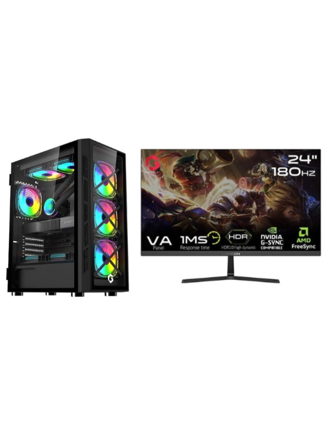 جايم أون حاسوب ألعاب بمعالج إنتل كور i5-12400F / 16 جيجابايت رام DDR5 / 1 تيرابايت SSD / 6 جيجابايت Nvidia GeForce RTX 3050 كرت شاشة / ويندوز 10 برو مع شاشة مجانية 24.5 بوصة 180 هرتز، لوحة مفاتيح RGB، فأرة، سماعة رأس ووسادة فأرة - Image 1